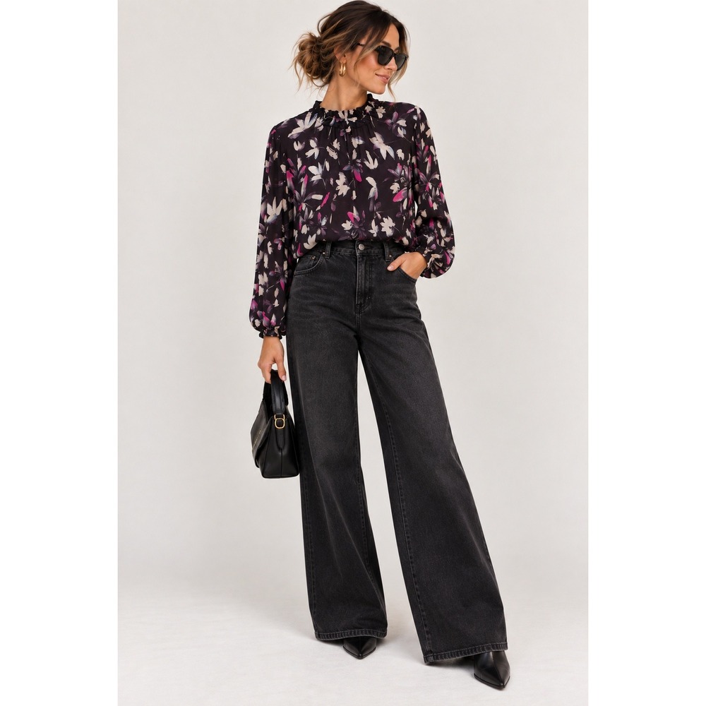Bella Dahl Floral Plum Print Ruffle Neck Blouse B4100-E50-304 Purple Medium